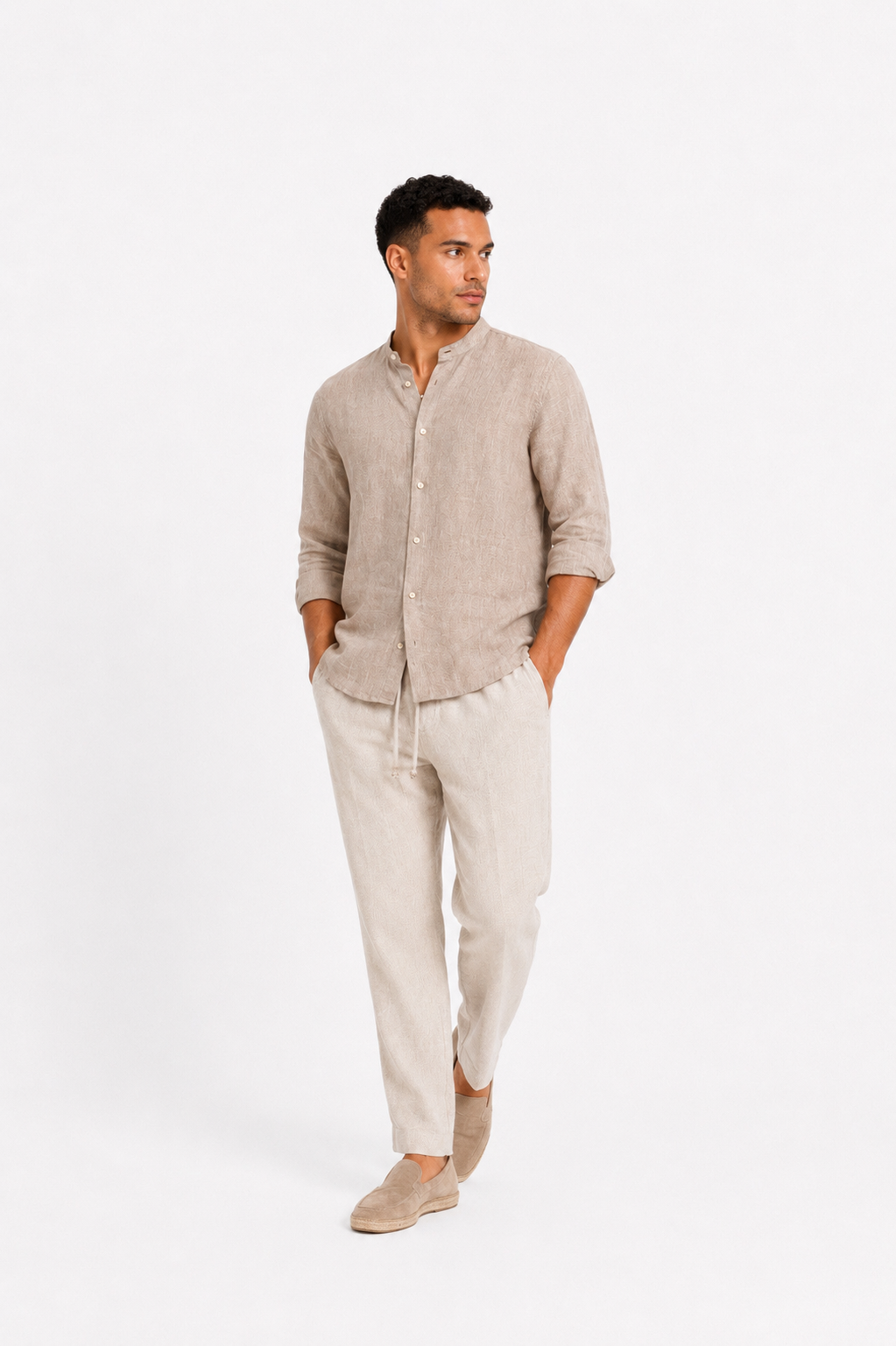 Linen blend shirt with bandcollar