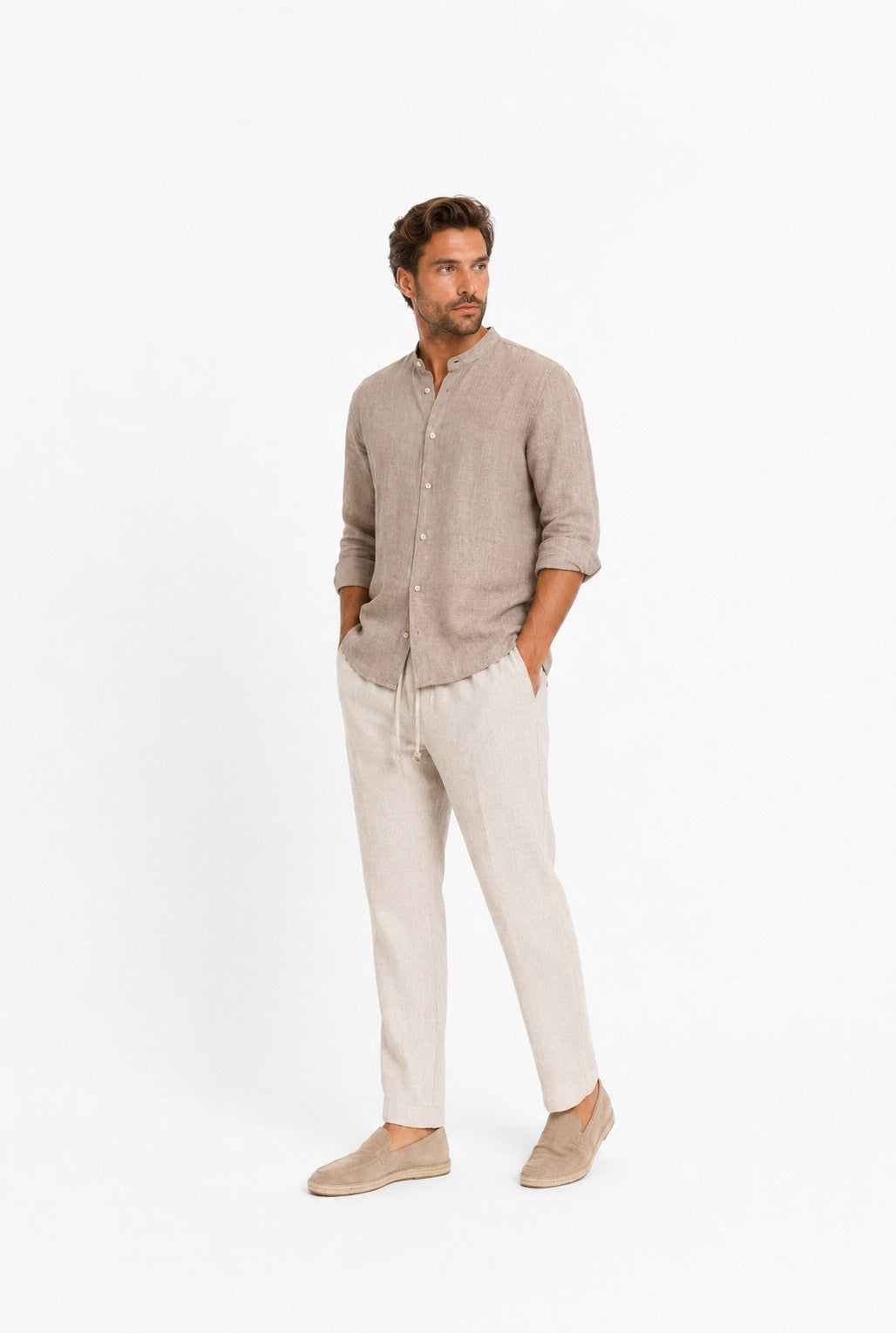 Linen blend shirt with bandcollar