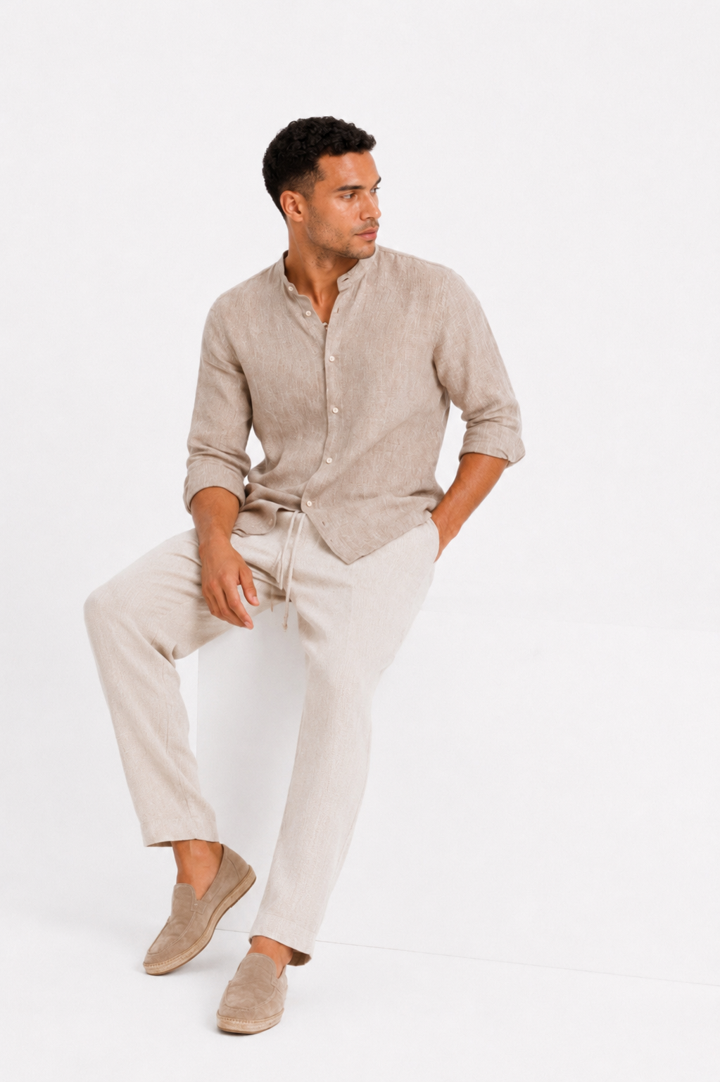 Linen blend shirt with bandcollar